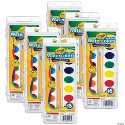 Discount 😀 Crayola Washable Watercolors, 16 Semi-Moist Oval Pans & Brush, 6 Sets 🎉
